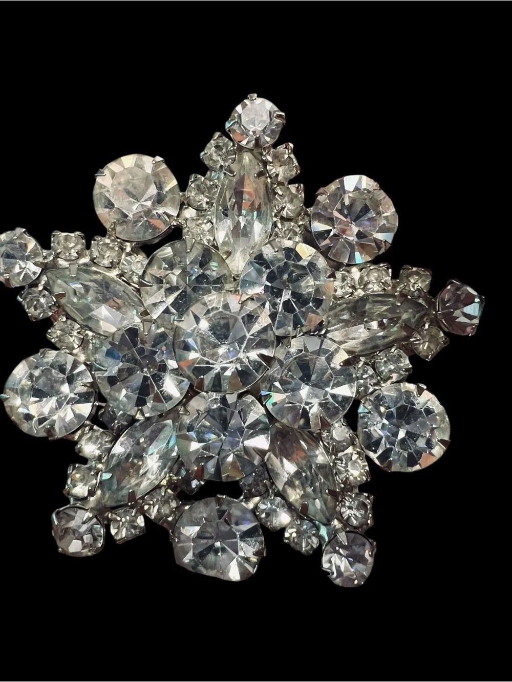 Starburst Rhinestone Brooch VTG Mid-Century Modern Clear Silver Tone Cluster